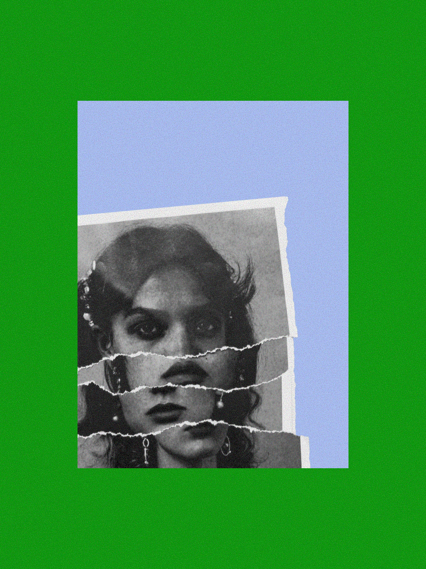 Black-and-white portrait of a woman fragmented into strips by torn paper, reassembled into a distorted face, placed on a light blue rectangle against a bright green background.