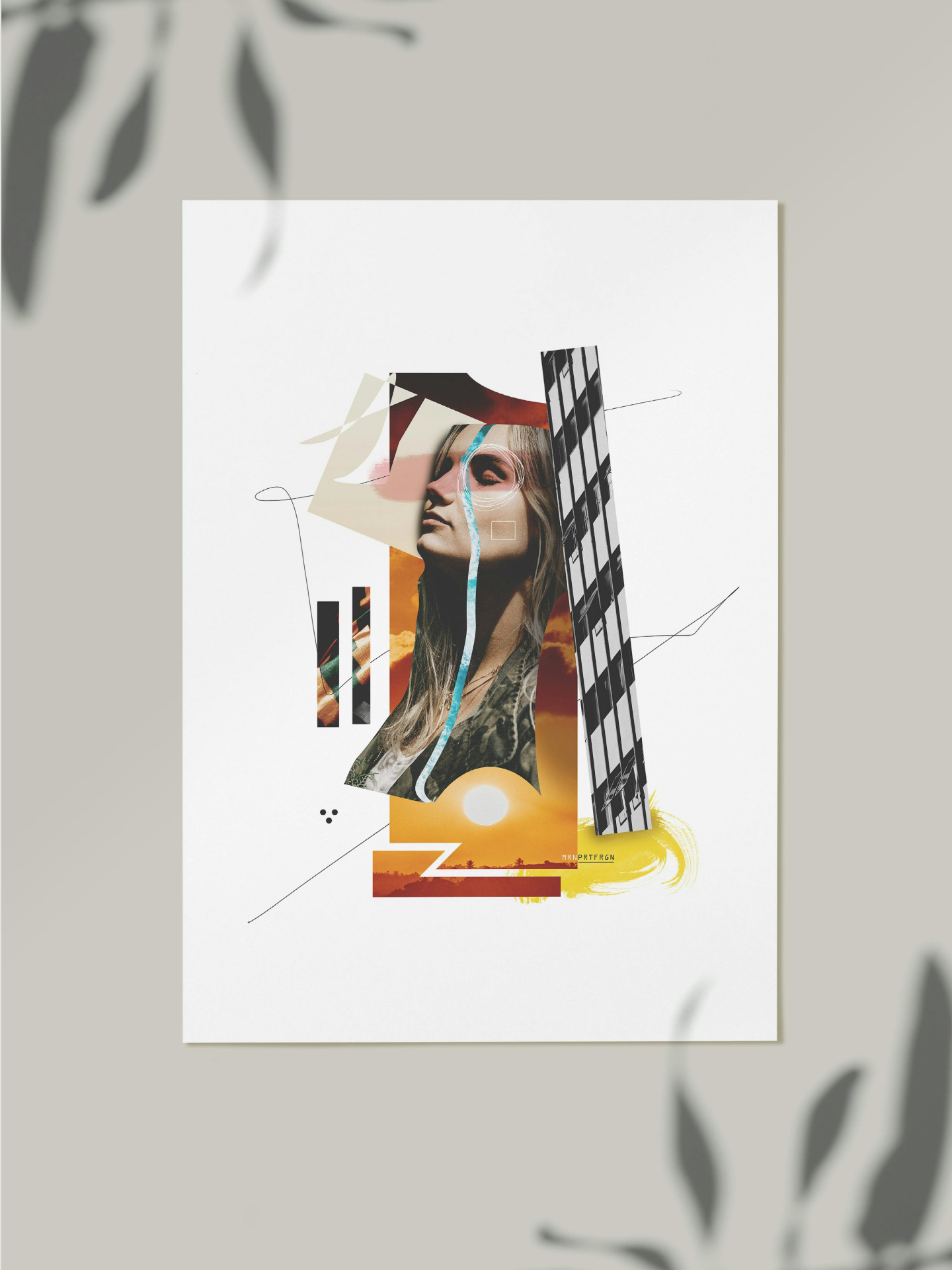 Mixed-media collage featuring a woman’s portrait layered with geometric shapes, a black-and-white building fragment, abstract lines, and a sunset landscape, arranged on a white sheet with plant shadows cast around the edges.