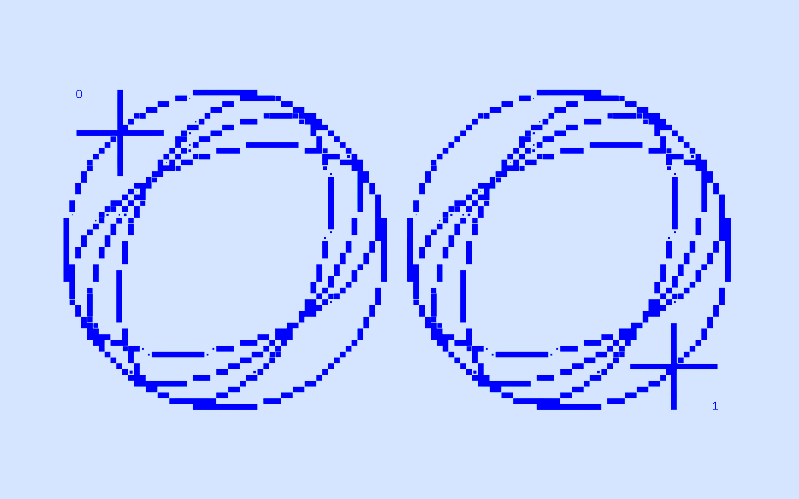 Pixelated blue generative glyphs arranged in mirrored circular formations on a light blue background. Minimalist and computational in style.