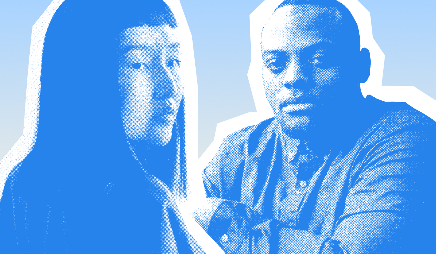 Halftone-style blue overlay portrait of two people—one looking to the side, the other facing forward—set against a light blue gradient background.
